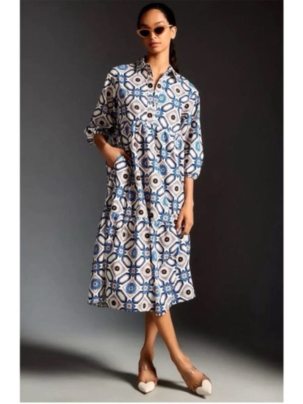 Anthropologie Bettina Tiered Shirt Dress SZ S Sapphire print boho feminine artsy